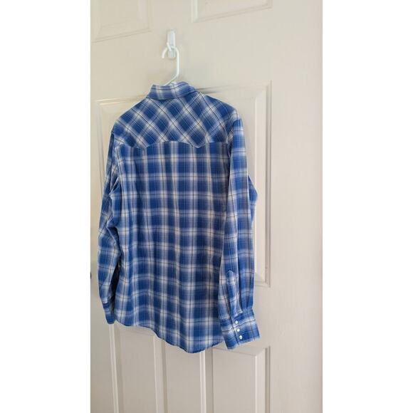 Wrangler Wrancher Blue Plaid Pearl Snap Button Down Shirt, Medium, Vintage - Picture 2 of 9